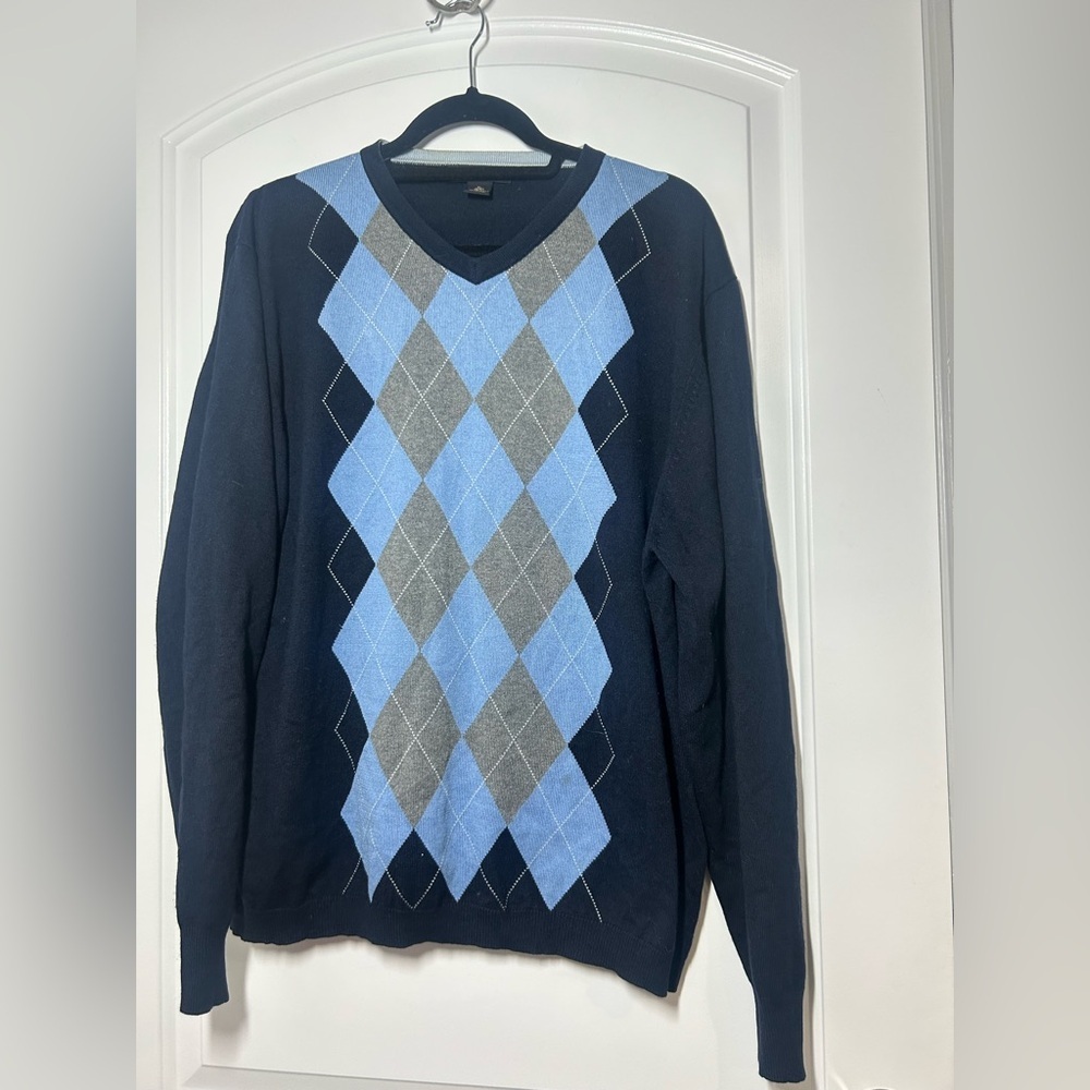 BANANA REPUBLIC Men's Blue Argyle Silk Cashmere V-neck Sweater Size XL preppy
